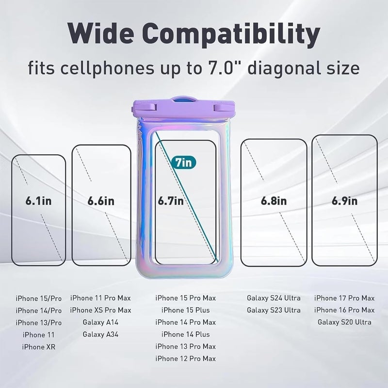 Foweroty Floatable Waterproof Phone Pouch Case for iPhone 17 16 Pro Max/15/14/13/12, IP68 Travel Cellphone Dry Bag Beach Cruise Ship Essentials Bags with Crossbody Lanyard, Iridescent Purple - 7″ - Image 2